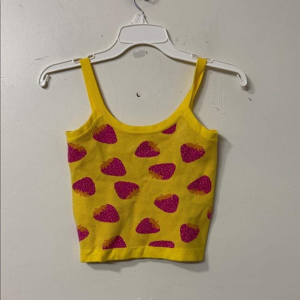 Vibrant Yellow Tank with Pink Strawberry Design